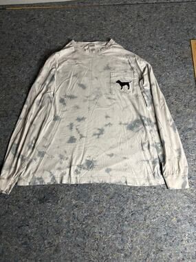 Pink Victorias Secret Womens Top Dog print Tie Dye Gray Long Sleeve Tshirt (M)